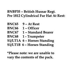 BNBP35 Napoleonic British Hussar Regiment - Pre 1812, Cylindrical Fur Hat, At Rest (12 Mounted Figures)