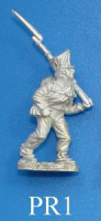 PR1 Marching, musket resting on left shoulder. Wears regulation pack.