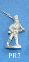 PR2 Marching, musket resting on left shoulder. Wears canvas pack.