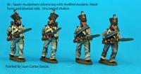 S6 - Four Saxon musketeers with uncovered shakos in advancing poses.