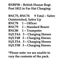 BNBP38 Napoleonic British Hussar Regiment - Post 1812, In Fur Hat, Charging (12 Mounted Figures)