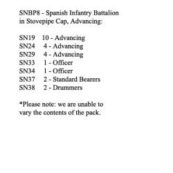SNBP8 Spanish Infantry Battalion, In Stovepipe Cap, Advancing (24 Figures)