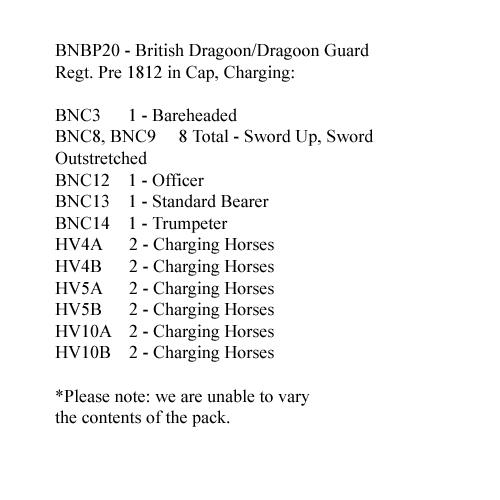 BNBP20 Napoleonic British Dragoon/Dragoon Guard Regt - Pre 1812, In Cap, Charging (12 Mounted Figures)