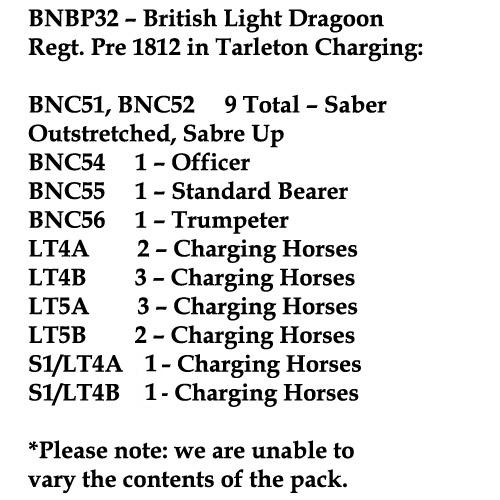 BNBP32 Napoleonic British Light Dragoon Regiment - Pre 1812, Tarleton, Charging (12 Mounted Figures)
