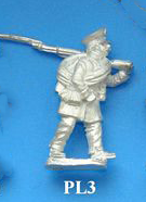 PL3 Marching, taking long step, musket held low on left shoulder.