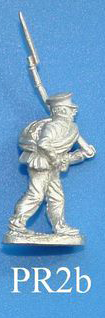 PR2b Marching, musket resting on left shoulder. Wears canvas pack.