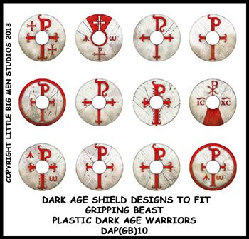 DAP(GB)10 Plastic Dark Age Warriors Shield Designs Ten (12) ROMANO BRIT / LATE ROMAN